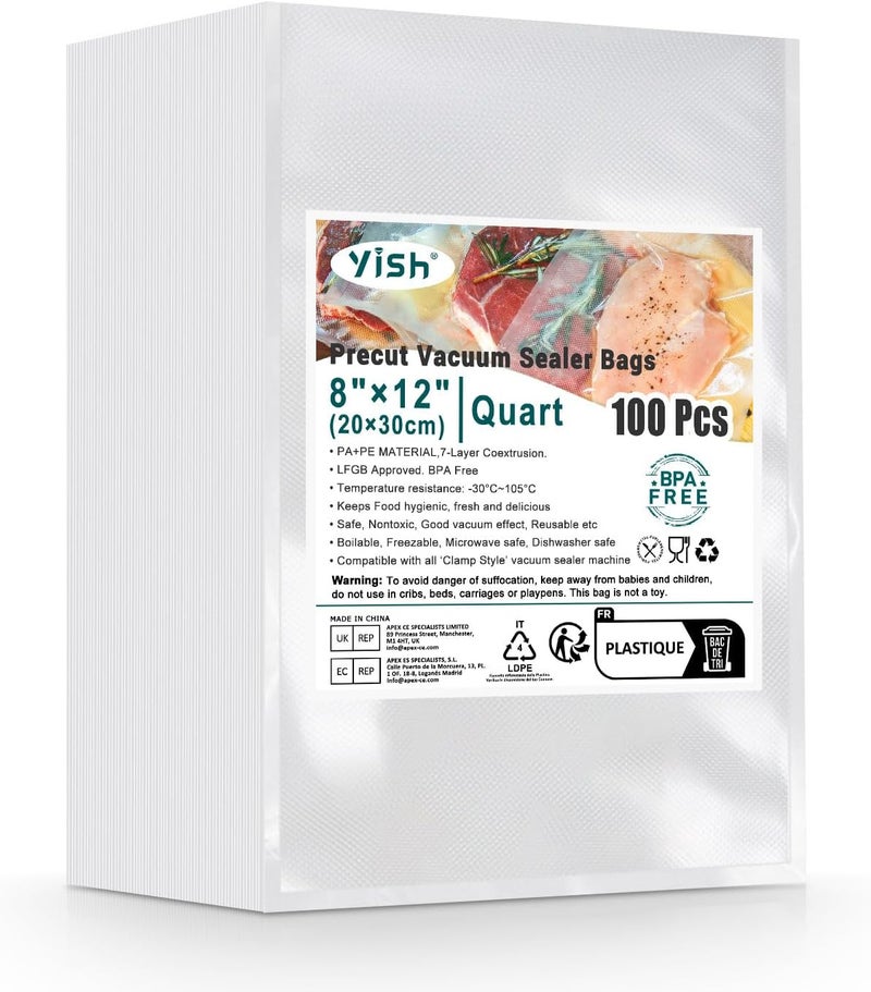 YISH Vacuum Sealer Bags 100 Quart 8"×12" Precut Bags for Food Saver, Commercial Grade, BPA Free, Heavy Duty Food Sealing Bags for Storage, Meal Prep, Sous Vide - Image 1